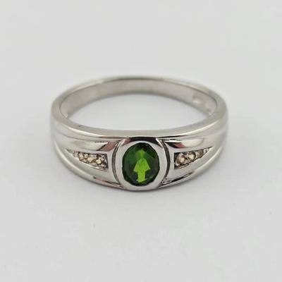 Natural Unheated Chrome Diopside & Sapphire Sterling Silver Ring 