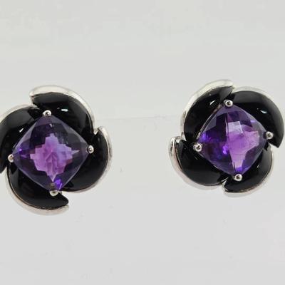 Amethyst & Onyx Sterling Silver Earrings 