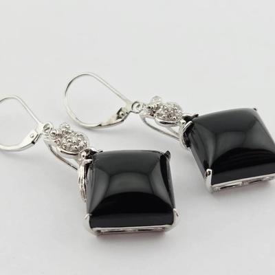 White Topaz & Onyx Sterling Silver Owl Earrings 