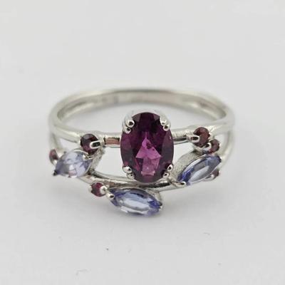 Natural Unheated Rhodolite Garnet & Tanzanite Sterling Silver Ring 