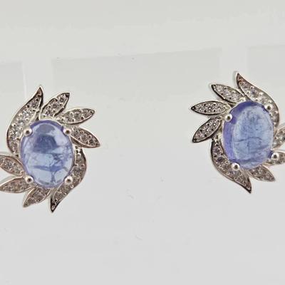 Natural Unheated Cabochon Tanzanite Sterling Silver Earrings 