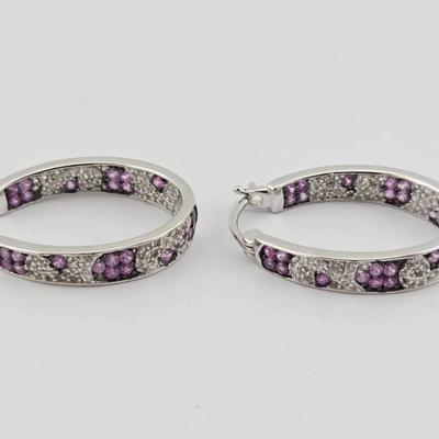 Natural Heated Sapphire Sterling Silver Hoop Earrings 