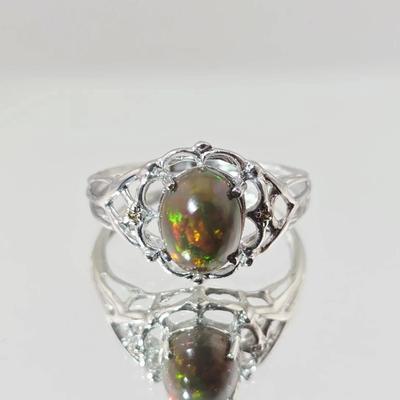 Natural Black Opal & Sapphire Sterling Silver Ring 