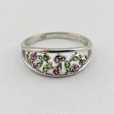 Natural Unheated Rhodolite Garnet & Chrome Diopside Sterling Silver Ring 