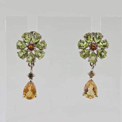 Natural Unheated Citrine, Peridot, & Sapphire Sterling Silver Earrings 