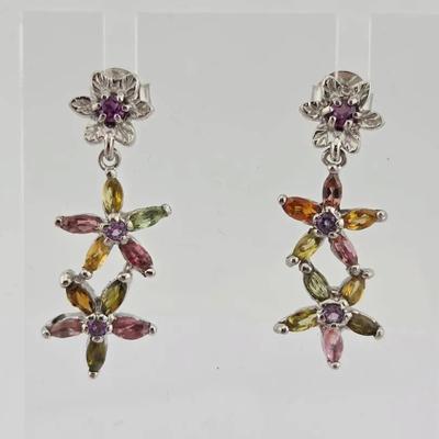 Natural Unheated Tourmaline, Amethyst, & Rhodolite Garnet Sterling Silver Earrings 