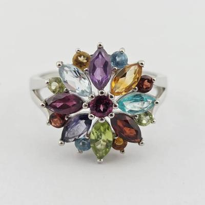 Natural Unheated Multicolor Gemstone Sterling Silver Ring