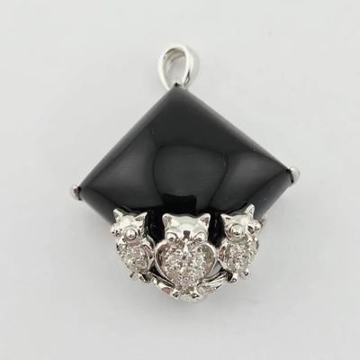 White Topaz & Onyx Sterling Silver Owl Pendant 