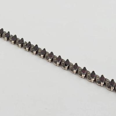 15ctw Garnet Marquis Cut Marcasite Sterling Silver Bracelet 