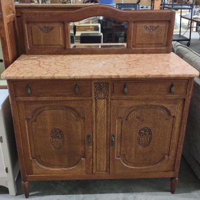 Sale Photo Thumbnail #79: 1800s Tiger Oak, Marble Top Buffet