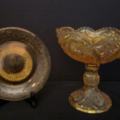 Amber Glass Pedestal Bowl & Dish