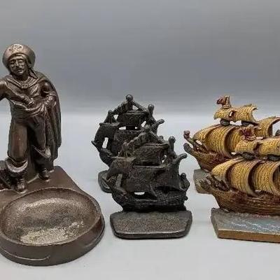 1920's Cast Iron Swashbuckler Ashtray and Bookends
