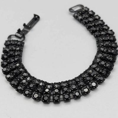 Signed Weiss Black Rhinestone Bracelet