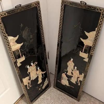 Black Lacquer and Mother of Pearl Asian Wall Art