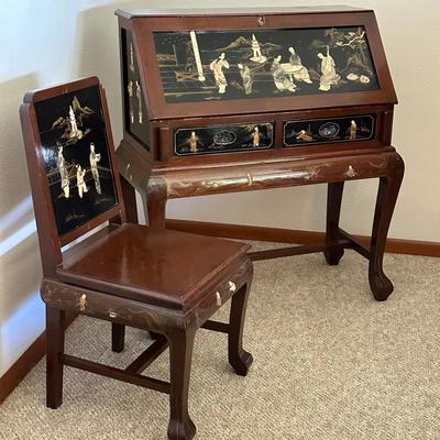 Chinoiserie Lacquer Secretary Desk and Chair