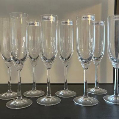 Set Of 8 Villeroy & Boch Crystal Octavie Champagne Flutes