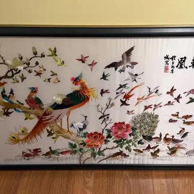 Huge Framed Chinese Fabric Embroidery Panel Depicting the Classic "One Hundred Birds"