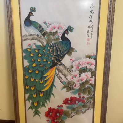Chinese Peacock And Blossoms Framed Painting