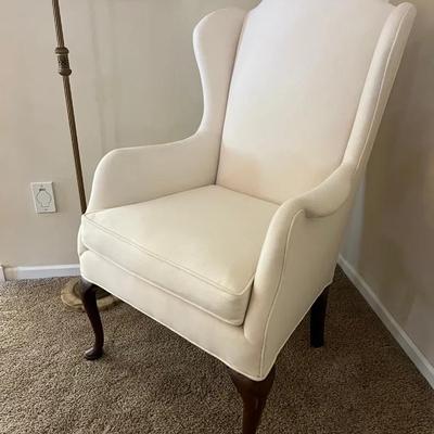 Queen Anne Style Wingback Armchair w/ Cabriole Legs & Ivory Upholstery 