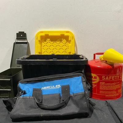 12 Gallon Tough Tote, Hercules Tool Bag, Ammo Case, & 4 Gallon Empty Safety Can