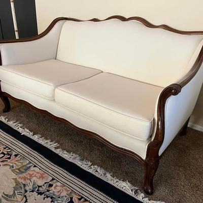 Hollywood / French Provincial Style Loveseat w/ White Upholstery 