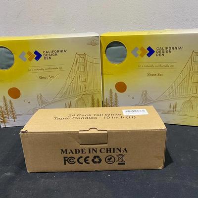 2 California Design Den Full Sheet Sets In Sage Green & 24 Pack Of Tall White Candles