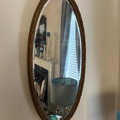 Antique Gold Gilt Overmantel Wall Mirror W/ Beveled Glass. 