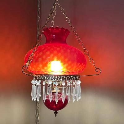 Victorian-Style Hanging Lamp, Possibly by Fenton Art Glass, ft. Red Glass & Hanging Prisms