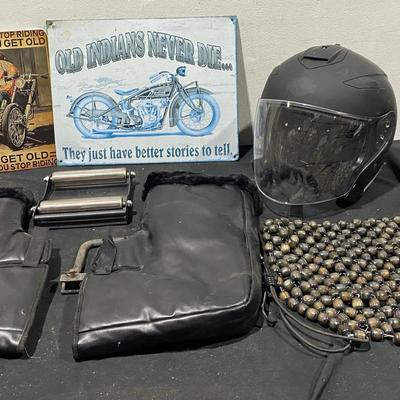 Motorcycle Tin Metal Signs, XXL Harley Helmet, Wheel Roller Stand & More