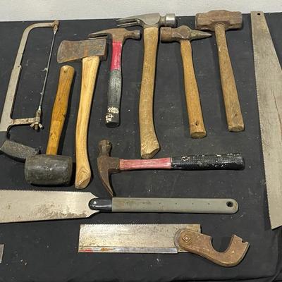 Collection Of Hand Saws, Hammers, & Axes