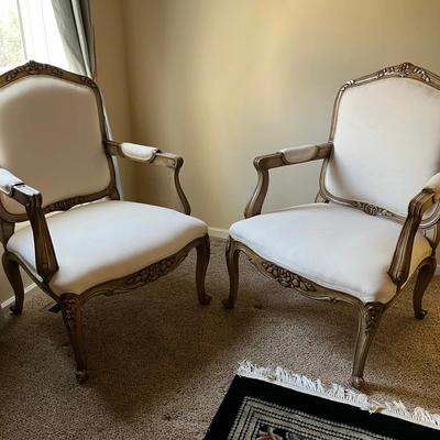 French Napoléon III 1850s Style Upholstered Armchairs w/ Carved Flowers (Pair)