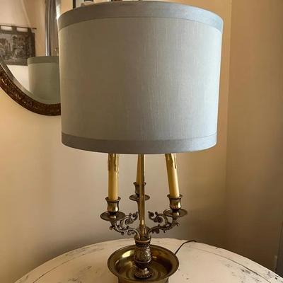 Brass Electric Bouillotte-Style Table Lamp w/ Three Candle-Style Lights & Light Blue Shade