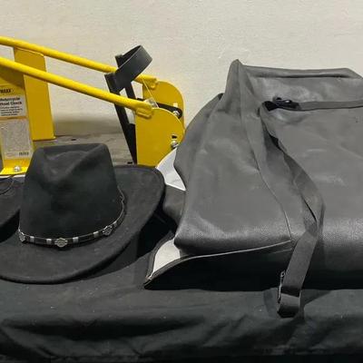 Motorcycle Wheel Chock, Harvey Davidson Hat, & Large Leather Saddlebag
