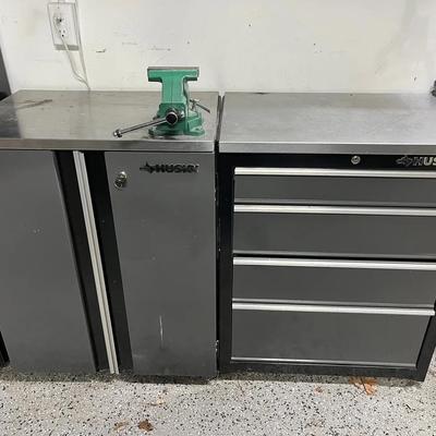 Husky Tool Storage Cabinets, ft a Two-Door Base Cabinet & Four-Drawer Rolling Cabinet W/ Contents