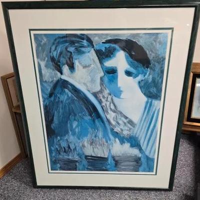 “Love In Bloom” By Barbara A. Wood Lithograph Matted Green Wood Faux Marble Frame