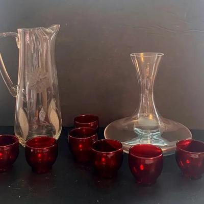 Large Etch Water Pitcher Floral, Wide Base Wine Decanter, 6 Red Tealight Holders 