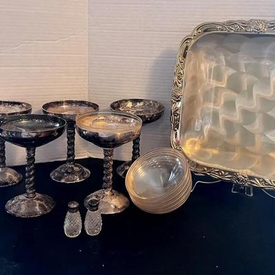 EPB Silverplate Spanish Silver Champagne Goblets w/ Inserts, Gold Filled Square Tray, S/P Shakers
