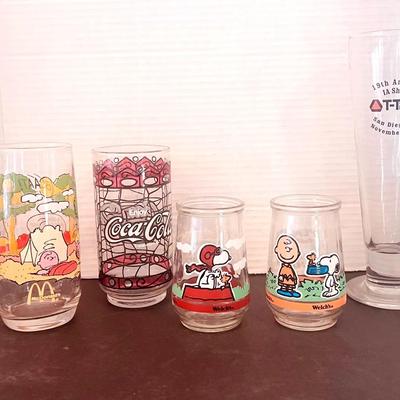 Grumpy & Snoopy Glass Cups, Charlie Brown Mcds Cups, Worlds Fair Seattle Cup 1962