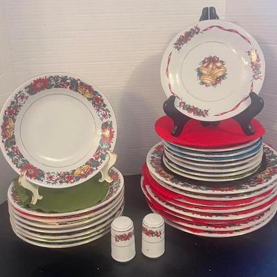 Lynn’s Christmas Holiday Cheer Poinsettia Fine China Bowls Plates Shakers 
