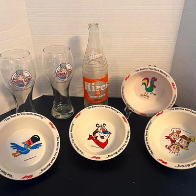 Kellogg Cereal Bowls (4), Hires Beer Bottle, Bubba Gump Shrimp Beer Glasses (2)