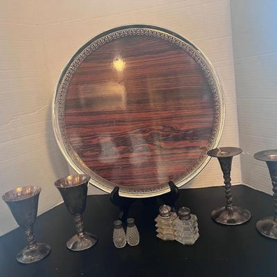 Silverplate Laminate Round Tray, Valero Candlesticks Spain, 2 Water Goblets 