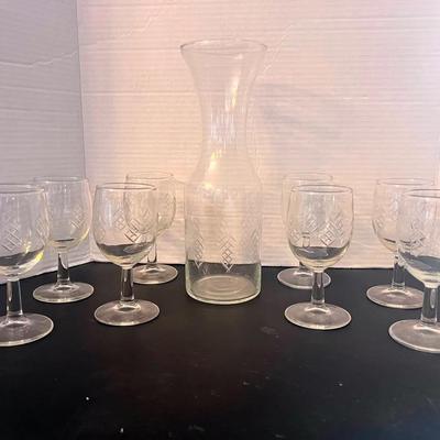 Glass Etch Cross Cut Geometric Water Carafe & 8 Goblets 