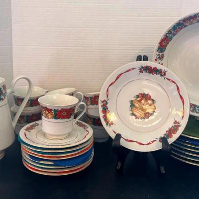 Lynn’s Christmas Fina China Holiday Cheer Poinsettia Teapot Cups Plates Serving Bowl