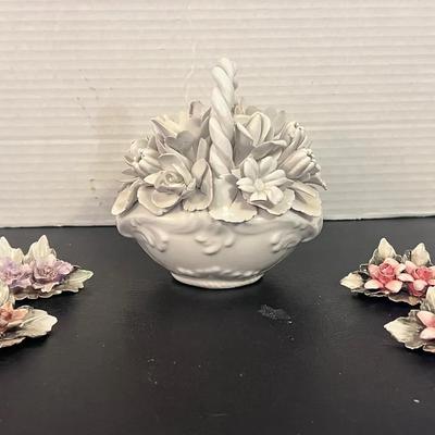 Capodimonte Place Card Holders Flowers (6) & Floral Basket White Italy #2