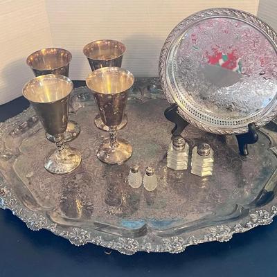 Large Silverplate on Copper Tray w/ Handles England, 4 Water Goblets Spain, S/P Shakers 