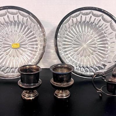 Lead Crystal Glass Bowls Silverplate Trim (2), SP Glass Etch Wheat Bud Vase, Single Candlestick 