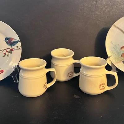 Australian Stoneware Mugs (3), Bird Plates (2), Capodimonte Mini Flower Basket