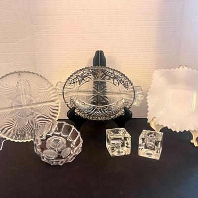 Silver Overlay Divided Olive Dish Tray, Cube Candleholders Pair, Small Trinket Dish Etch Rose