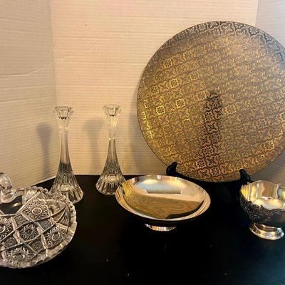 Cut To Clear Glass Dish, Crystal Candlesticks, Rogers Candy Dish Japan