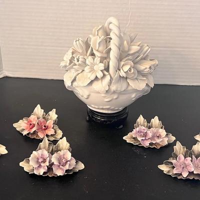 Capodimonte Flower Place Card Holders (6) & White Floral Basket Italy #1